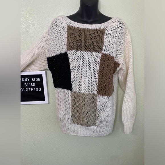 Vintage Multi Colored Checkered Knit Scoop Neck Sweater Size Medium - Picture 2 of 10